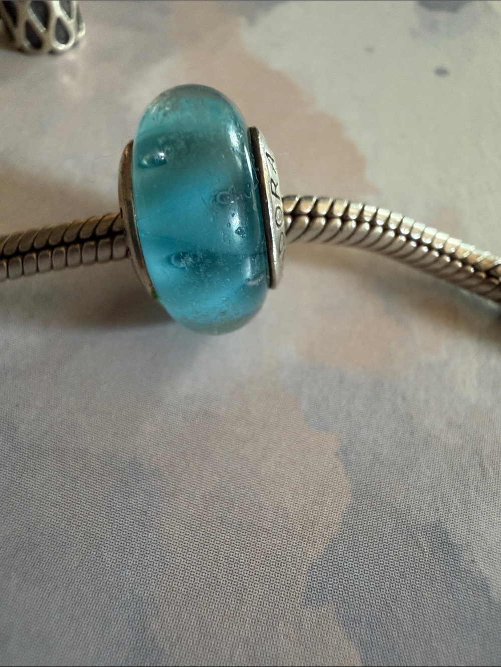 Pandora Turquoise Glass Charm Bead on Silver Bracelet